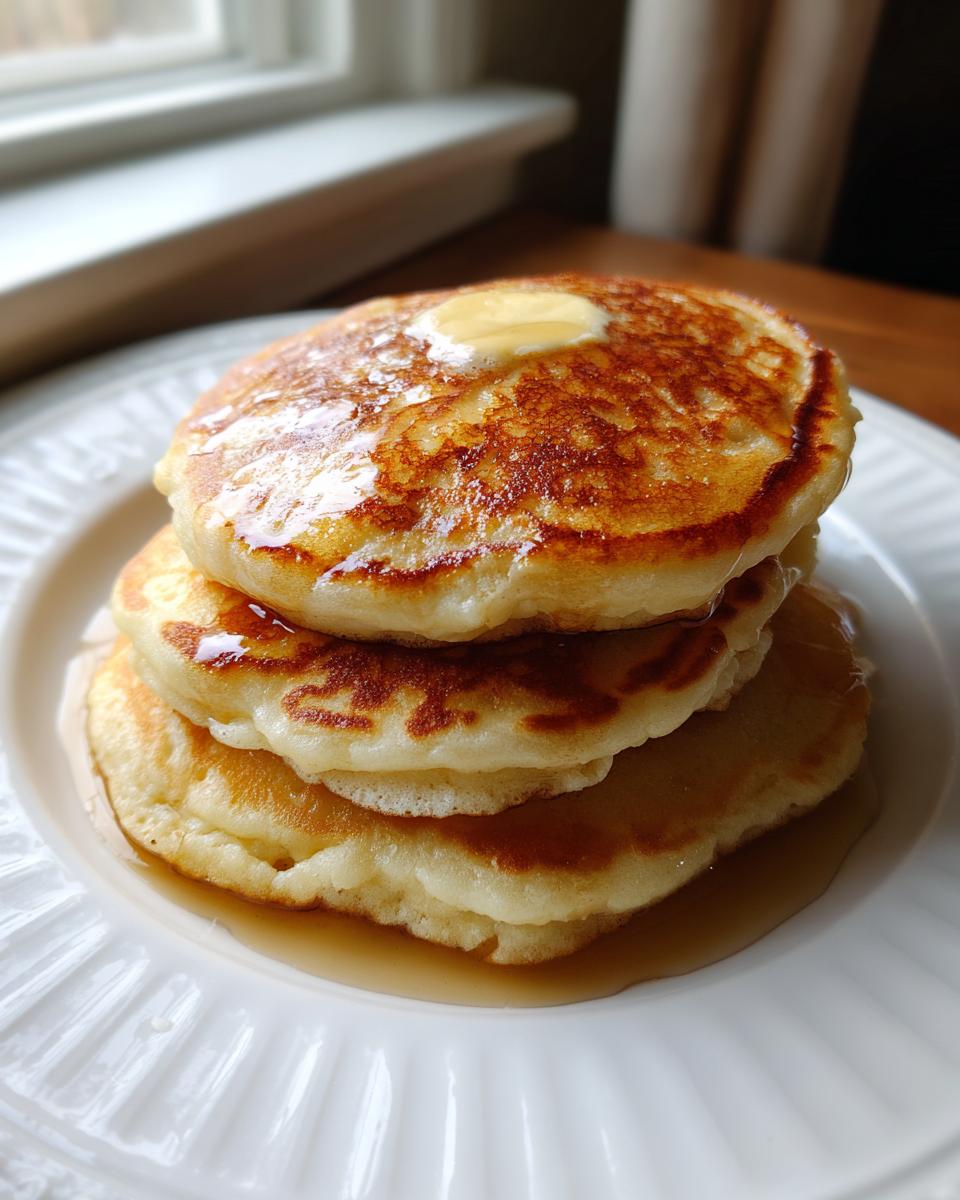 A stack of three fluffy old fashioned pancakes topped with melting butter and syrup on a white plate.