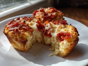 A close-up of a fluffy pizza muffin, broken open to show the soft interior, topped with melted cheese and pepperoni.