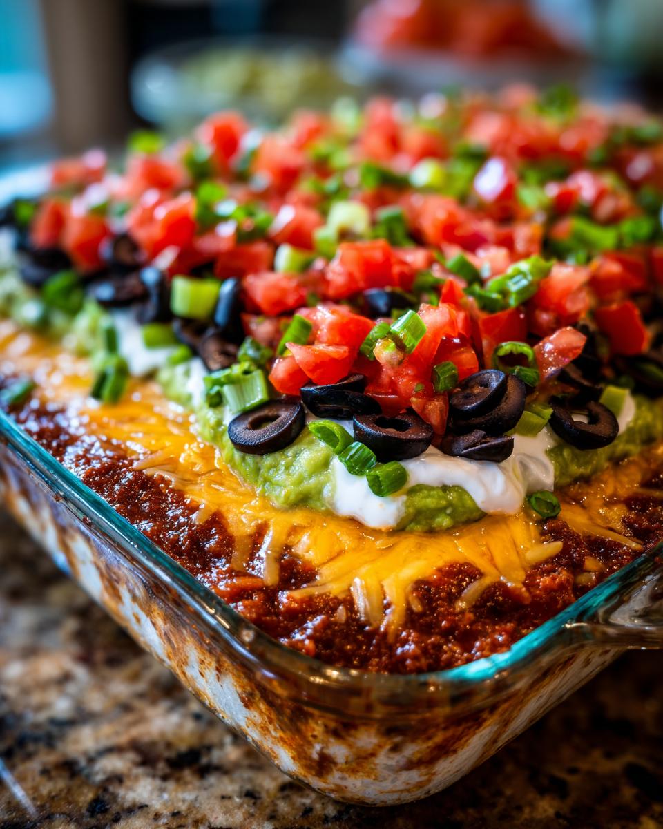 Close-up of a freshly made Seven layer dip topped with tomatoes, olives, and green onions.