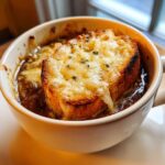 Close-up of a bowl of rich french onion soup topped with a thick slice of toasted bread and melted, bubbly cheese.