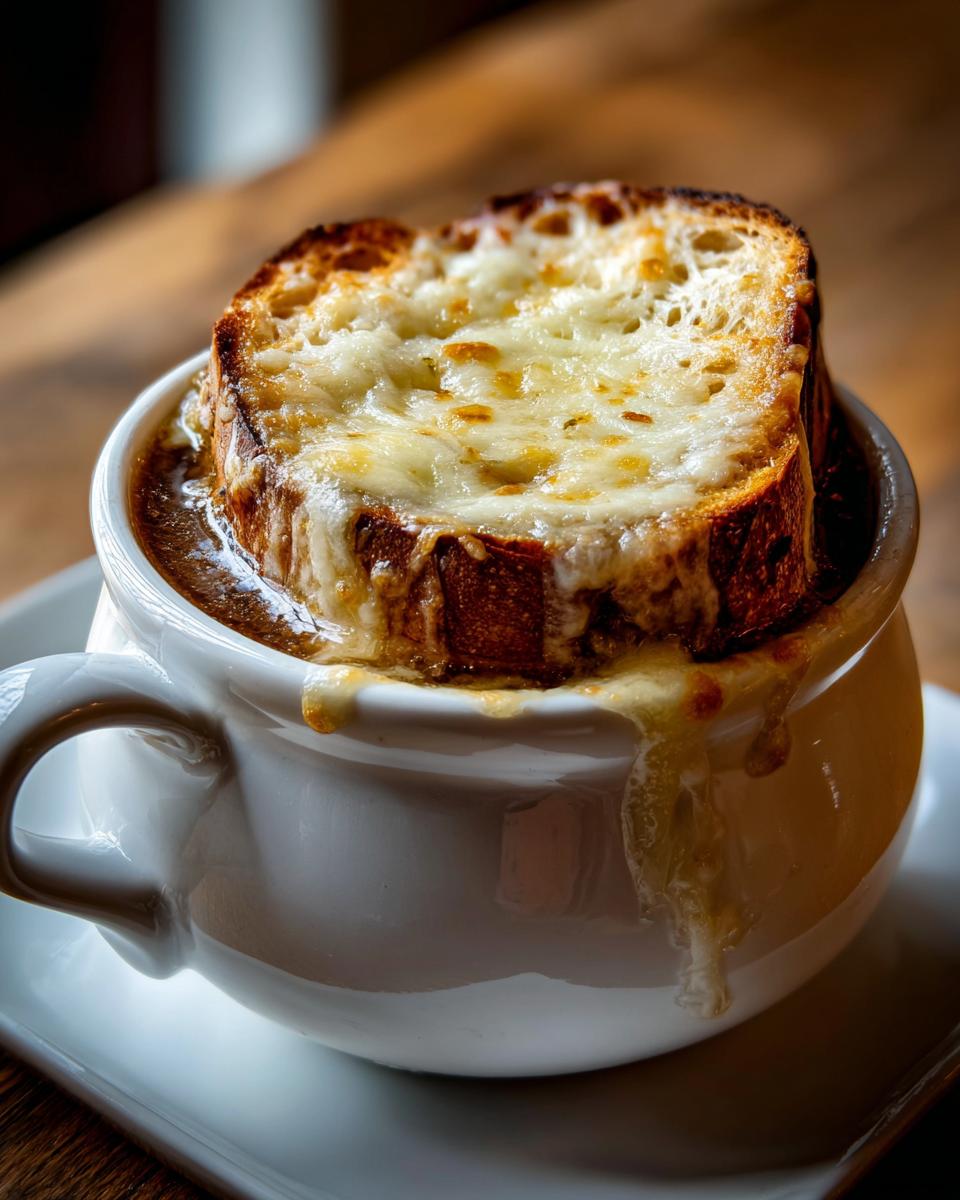 A close-up of rich french onion soup topped with a thick slice of toasted bread and bubbly, melted Gruyère cheese.