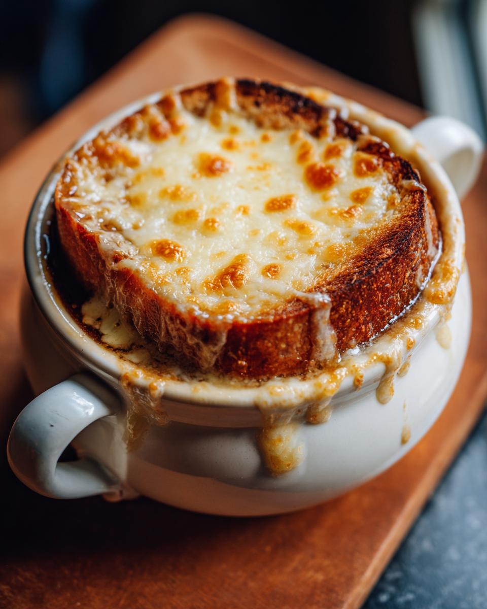 A close-up of classic french onion soup served in a white crock, topped with a thick layer of broiled, melted Gruyère cheese.