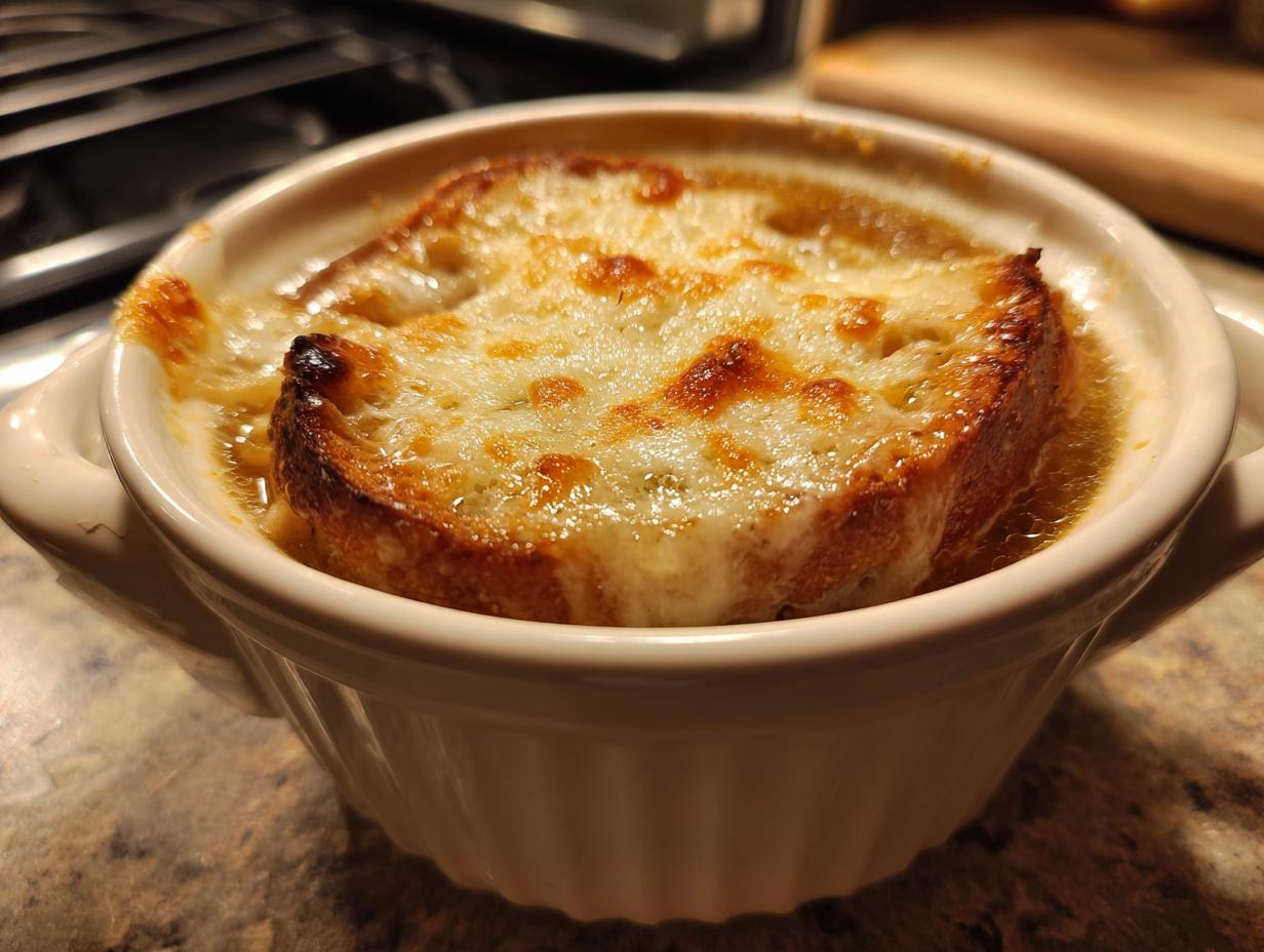 Close-up of a steaming bowl of french onion soup topped with a thick layer of melted, browned Gruyère cheese over crouton.