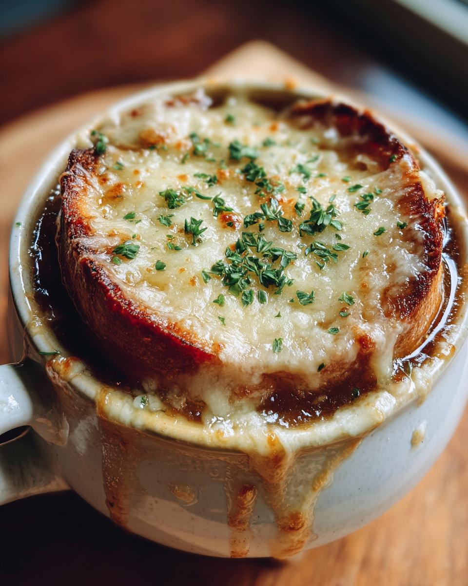 Close-up of a steaming bowl of french onion soup topped with a thick layer of melted, browned cheese and fresh parsley.