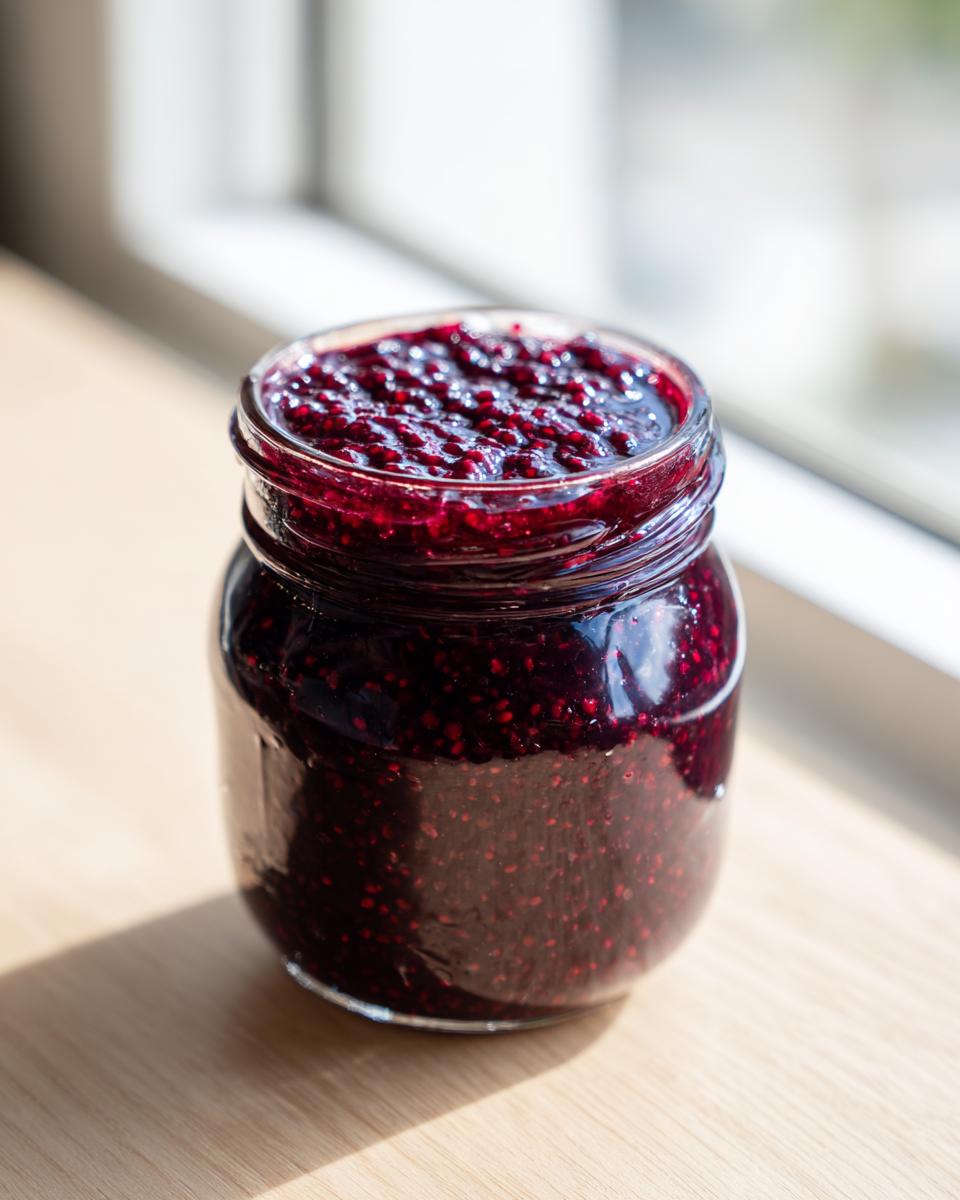 Close-up of a jar filled with rich, dark purple blackberry jam, sitting on a wooden surface near a window.