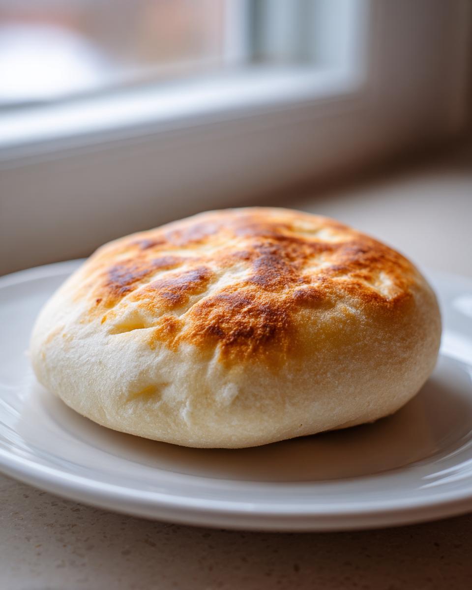 A single, round, golden-brown pita bread pocket resting on a white plate near a window.
