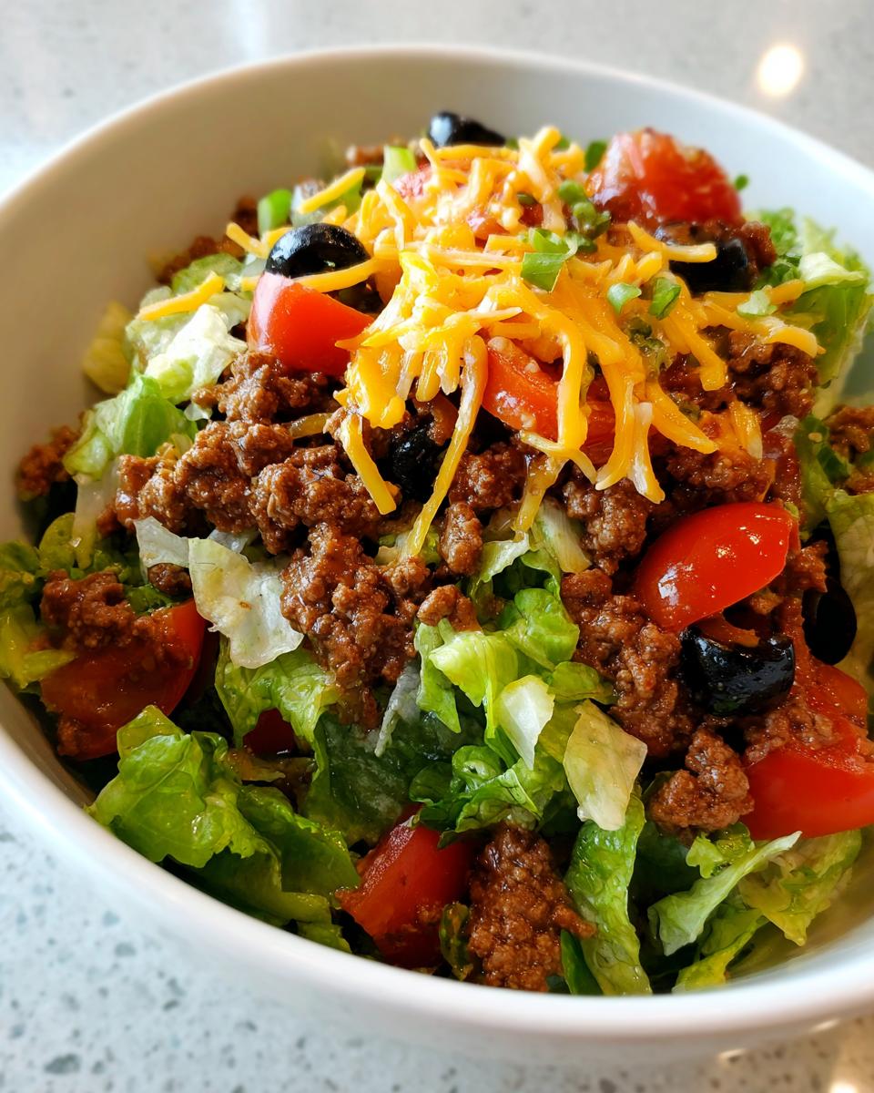 A close-up view of a fresh taco salad featuring seasoned ground beef, lettuce, tomatoes, black olives, and shredded cheese.