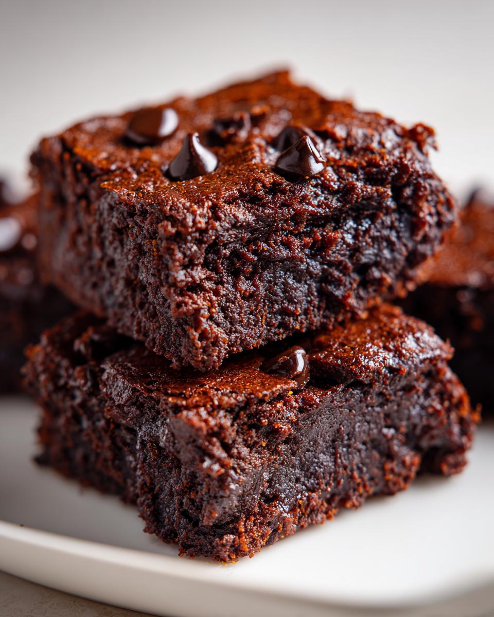 Close-up of two stacked, fudgy sweet potato brownies topped with melted chocolate chips.