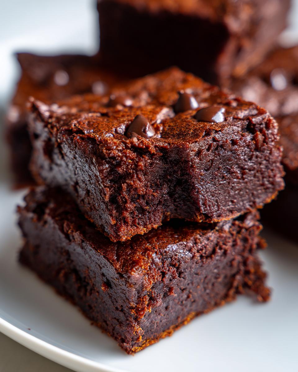 Close-up of two stacked, fudgy sweet potato brownies topped with chocolate chips on a white plate.