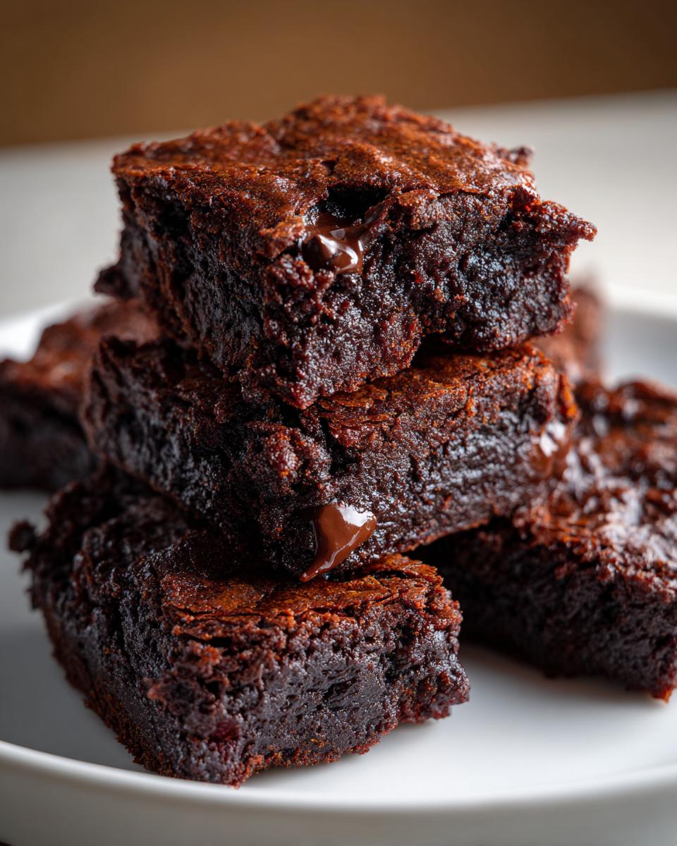 A close-up stack of rich, dark, fudgy sweet potato brownies with visible melted chocolate chips.