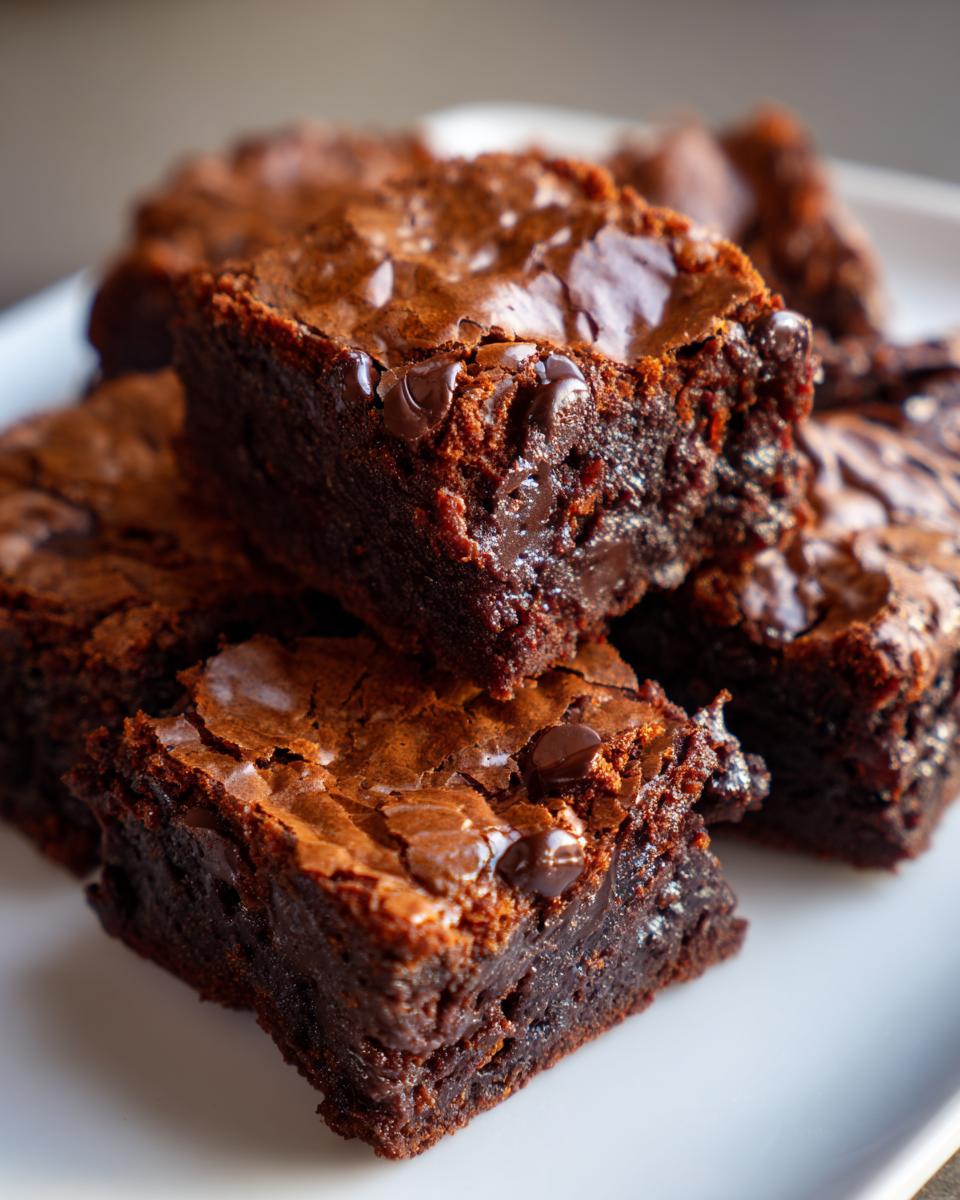 Close-up of fudgy sweet potato brownies stacked, featuring a shiny, crackly top and visible chocolate chips.