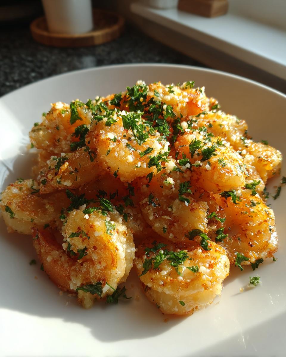 A white plate piled high with golden brown air fryer shrimp, topped generously with grated cheese and fresh chopped parsley.