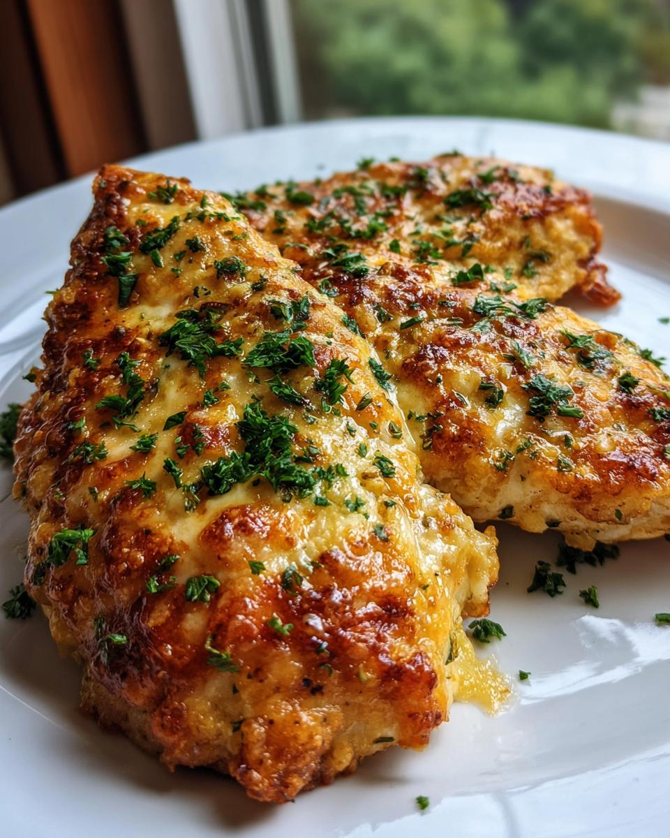 Two pieces of golden brown Garlic Parmesan Chicken Bake topped with melted cheese and fresh parsley.
