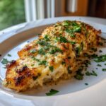 Three servings of Garlic Parmesan Chicken Bake topped with melted, browned cheese and fresh parsley on a white plate.