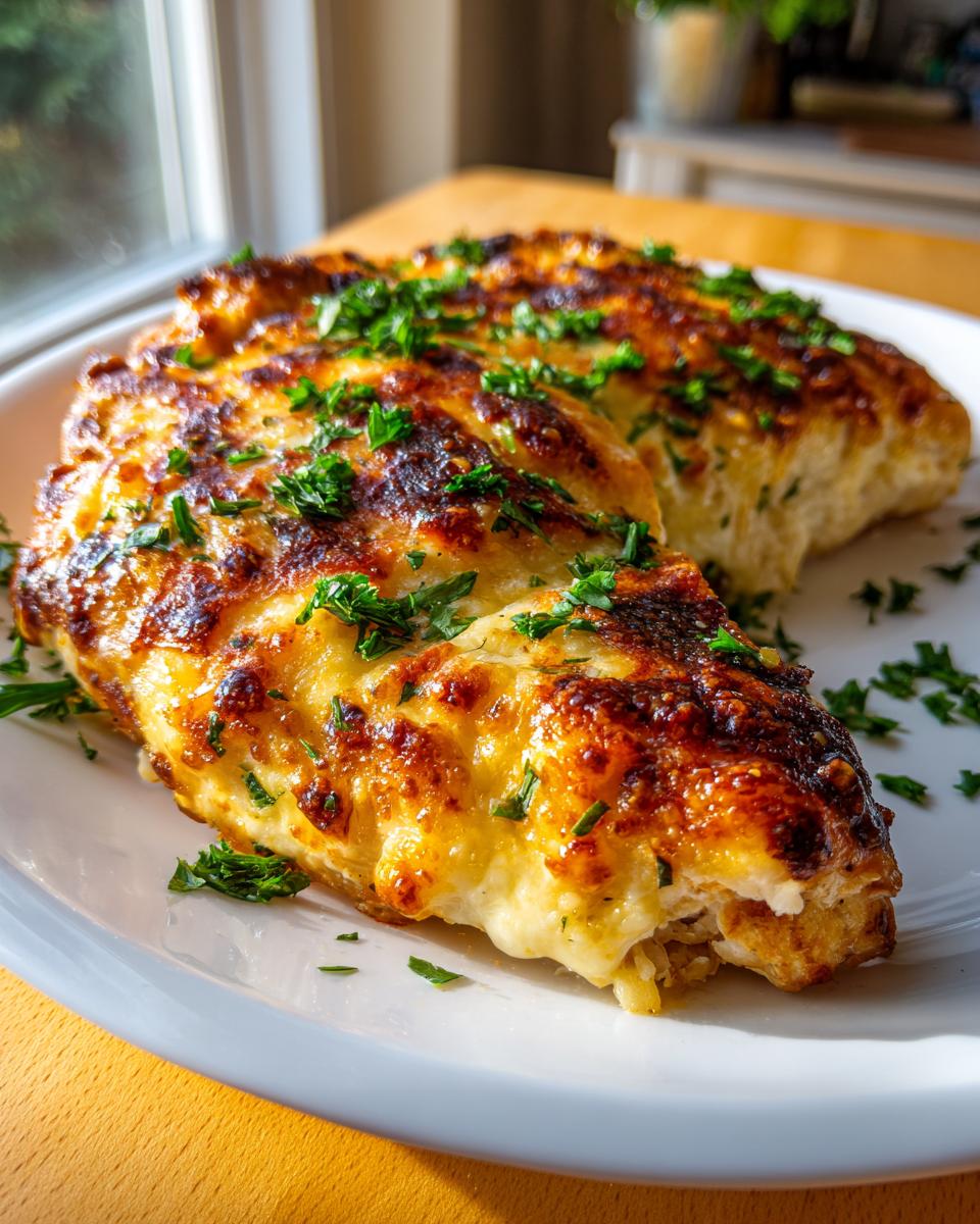 Close-up of two servings of Garlic Parmesan Chicken Bake with melted, browned cheese and fresh parsley.