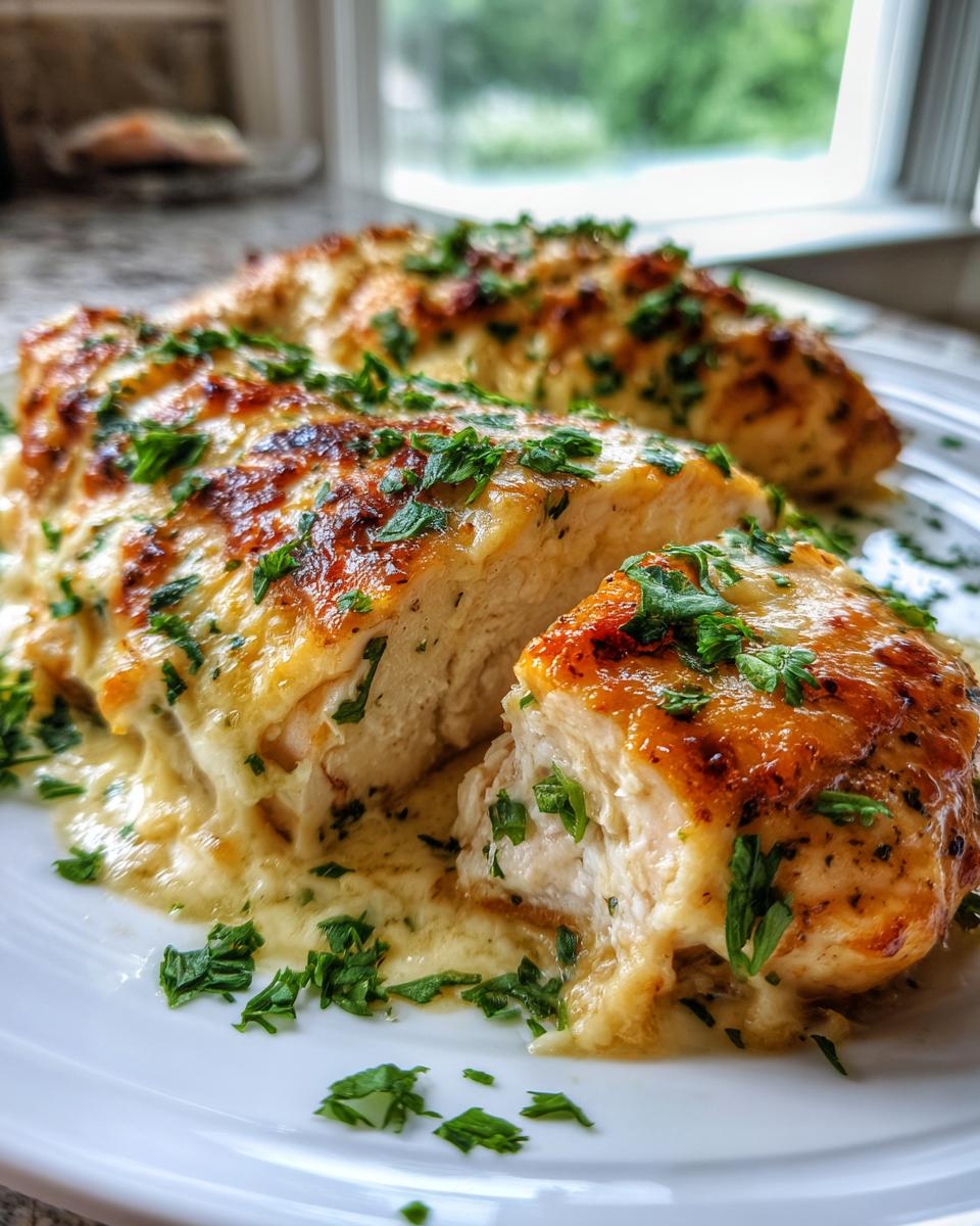 Close-up of a juicy Garlic Parmesan Chicken Bake, sliced to show the tender white meat and creamy sauce.