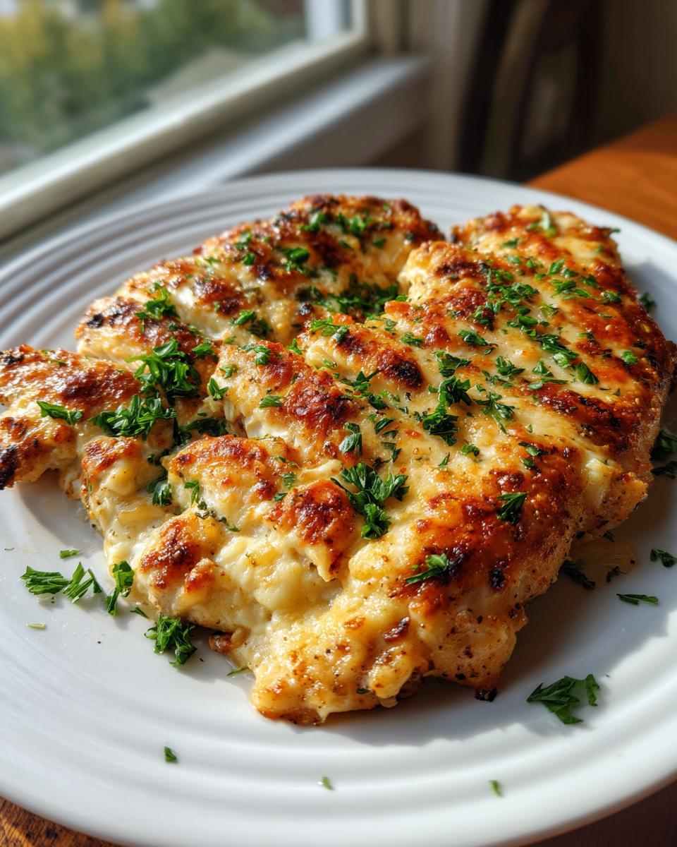 Three pieces of golden-brown Garlic Parmesan Chicken Bake topped with melted cheese and fresh parsley.