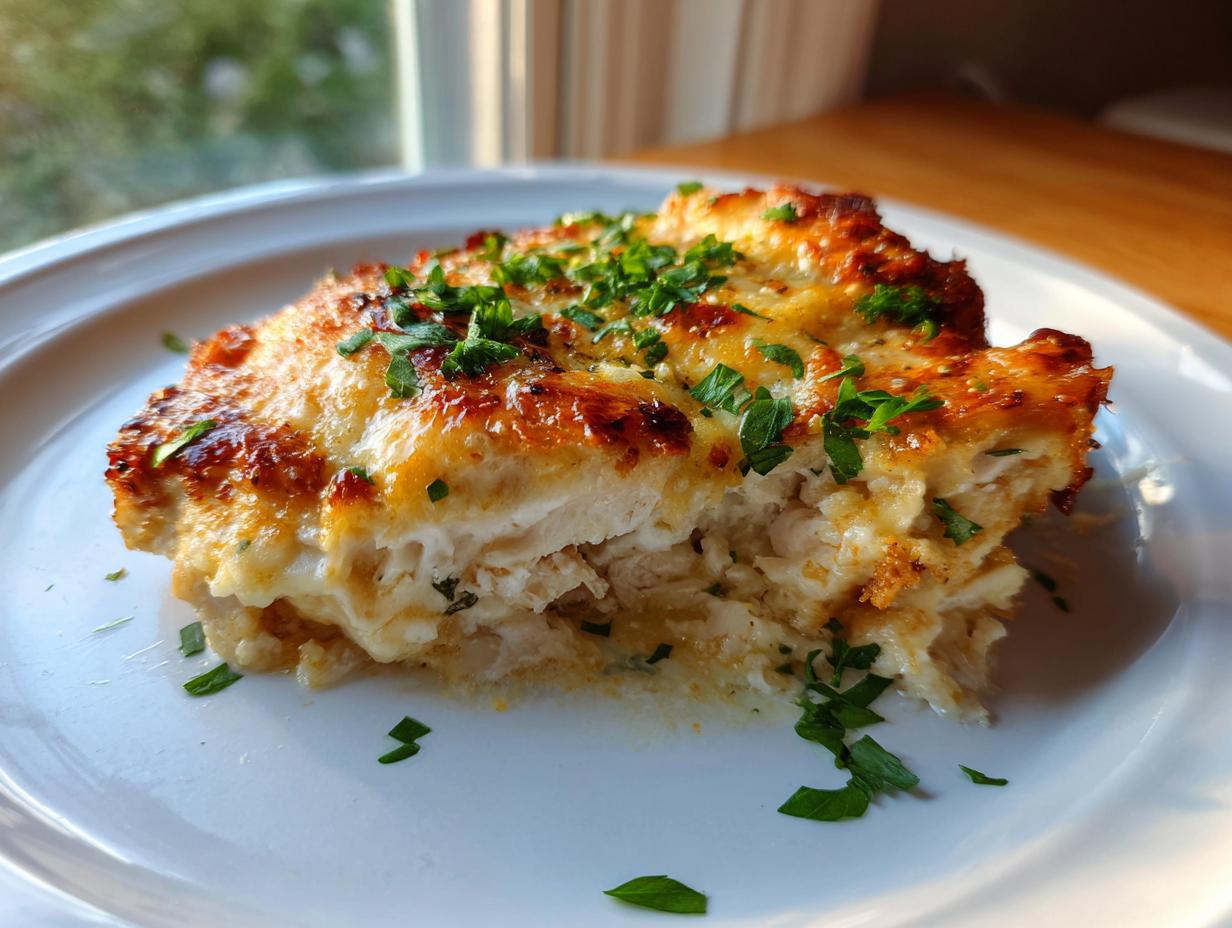 A close-up of a serving of Garlic Parmesan Chicken Bake showing creamy interior and browned, cheesy topping.