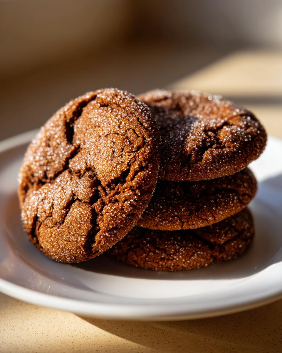 A stack of three dark, crinkly ginger molasses cookies coated in sparkling sugar, resting on a white plate.