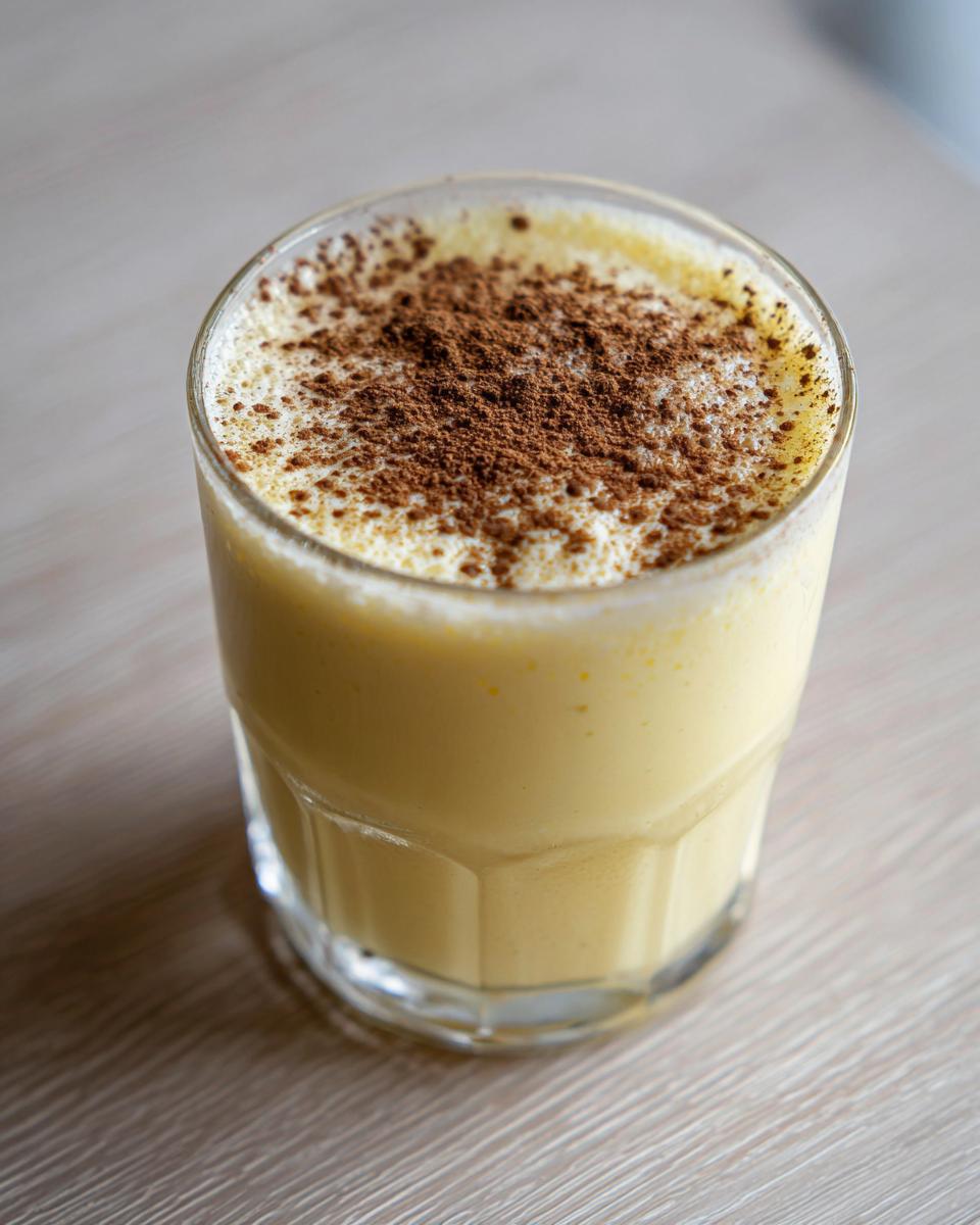 A close-up of a glass filled with creamy homemade eggnog, dusted generously with ground cinnamon.
