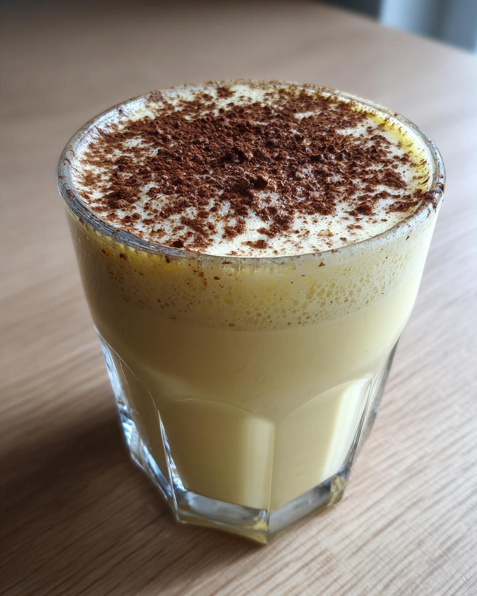 A glass of creamy, pale yellow homemade eggnog topped with a generous dusting of cocoa powder.