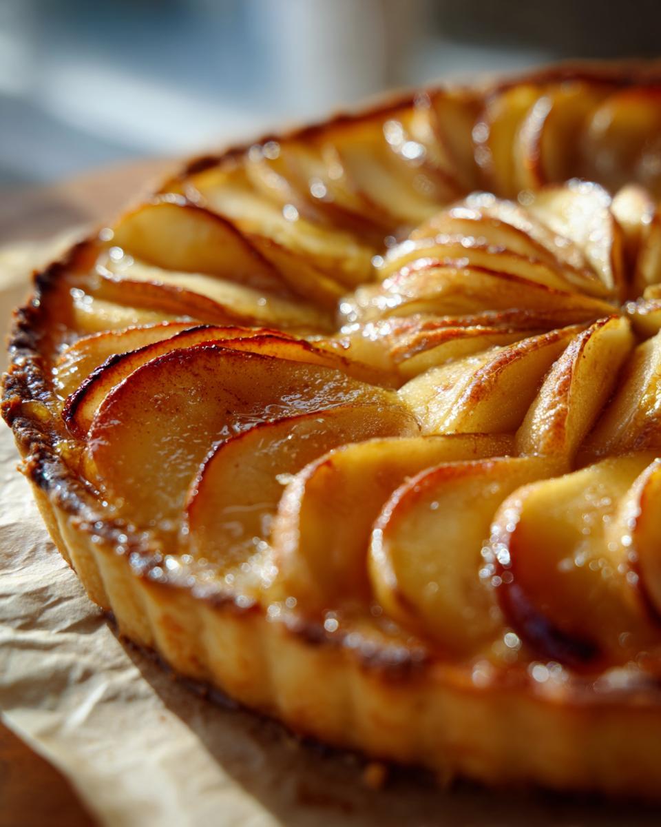Close-up, macro shot of a freshly baked apple tart with thinly sliced, glazed apples arranged in a circular pattern.