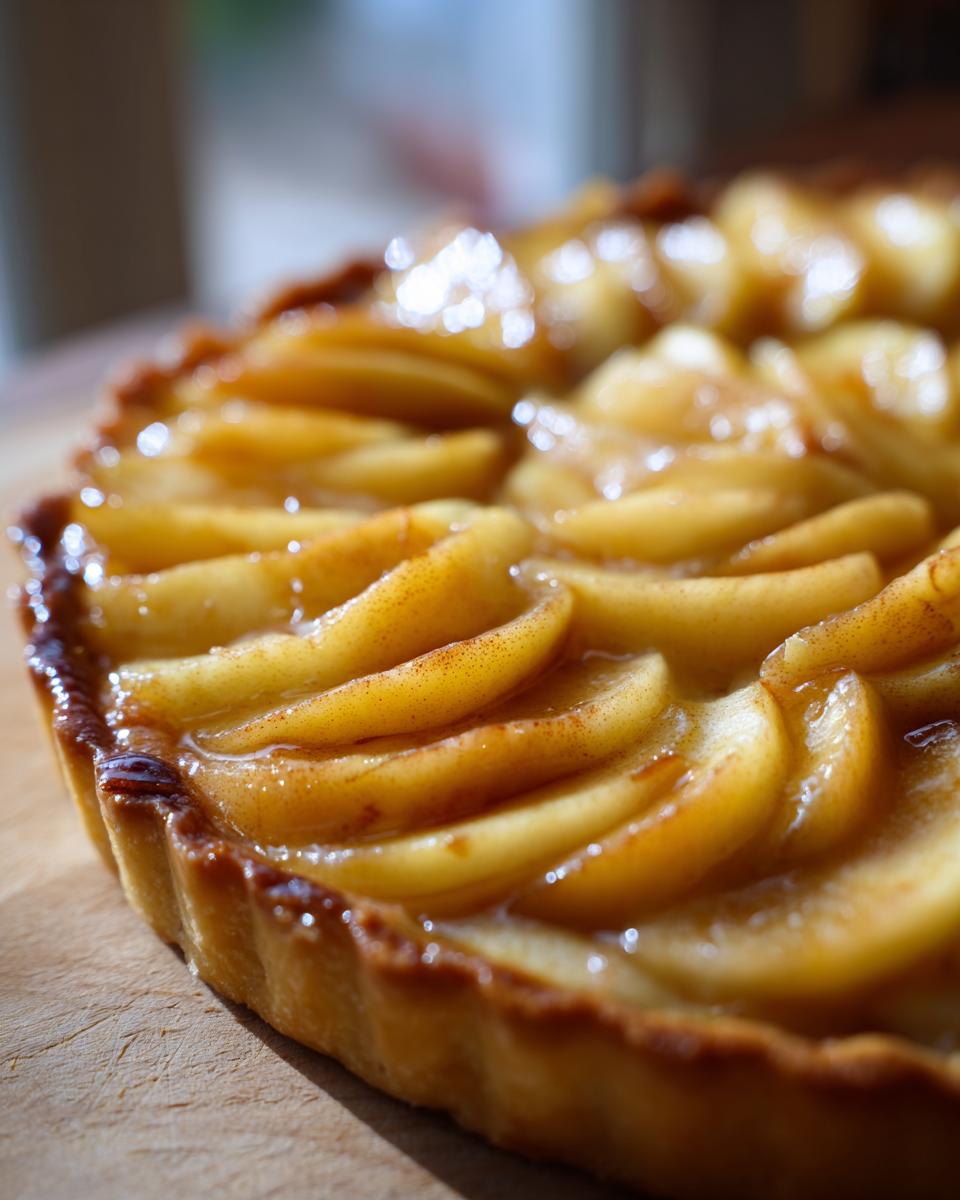 Close-up, sunlit view of a freshly baked apple tart featuring perfectly arranged, glazed apple slices dusted with cinnamon.