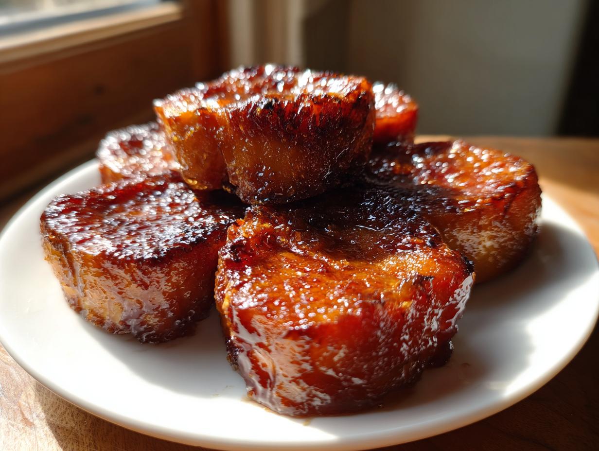 A stack of thick, glazed candied sweet potatoes glistening under bright light on a white plate.