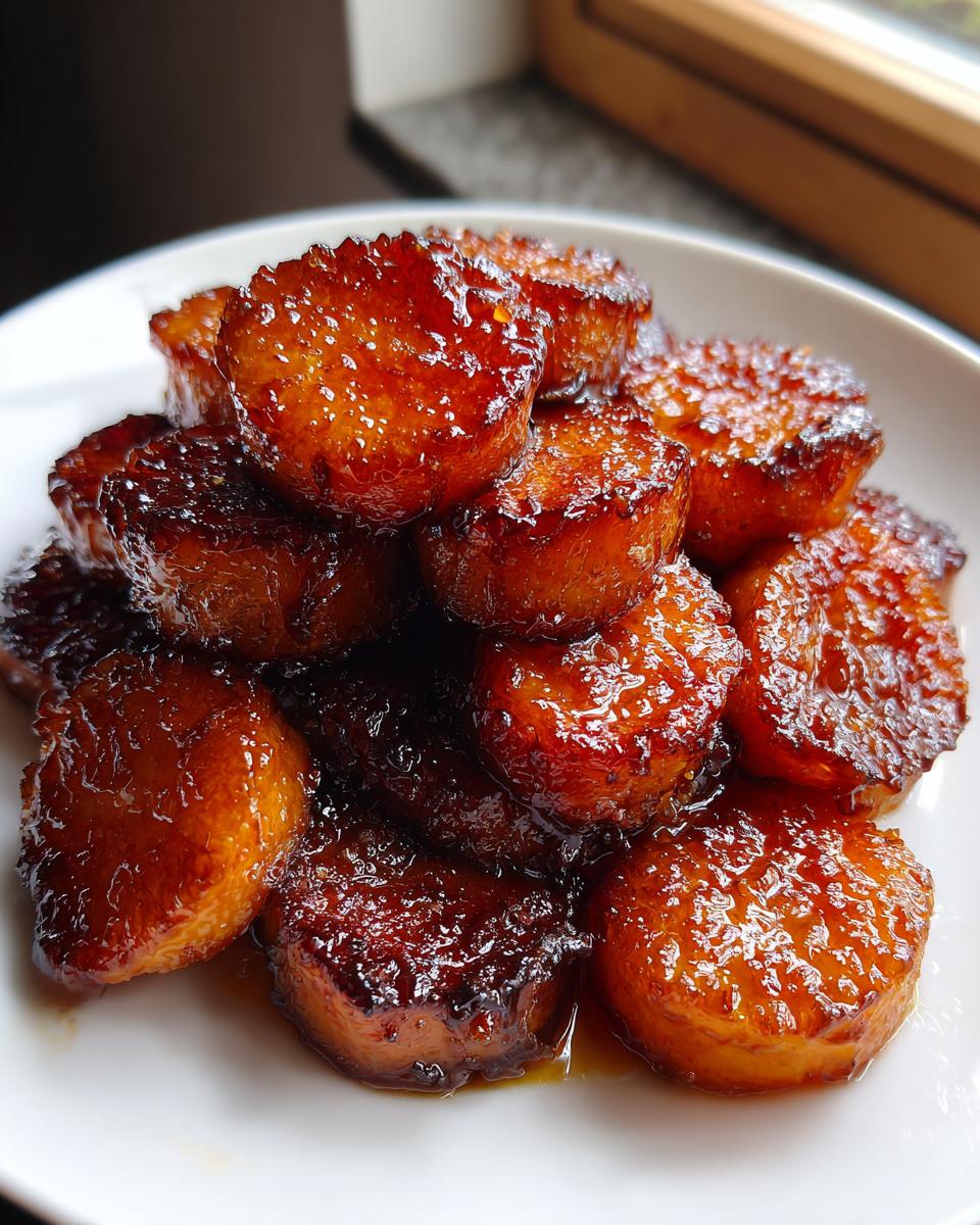 A close-up of thick slices of candied sweet potatoes stacked high, coated in a rich, shiny glaze.