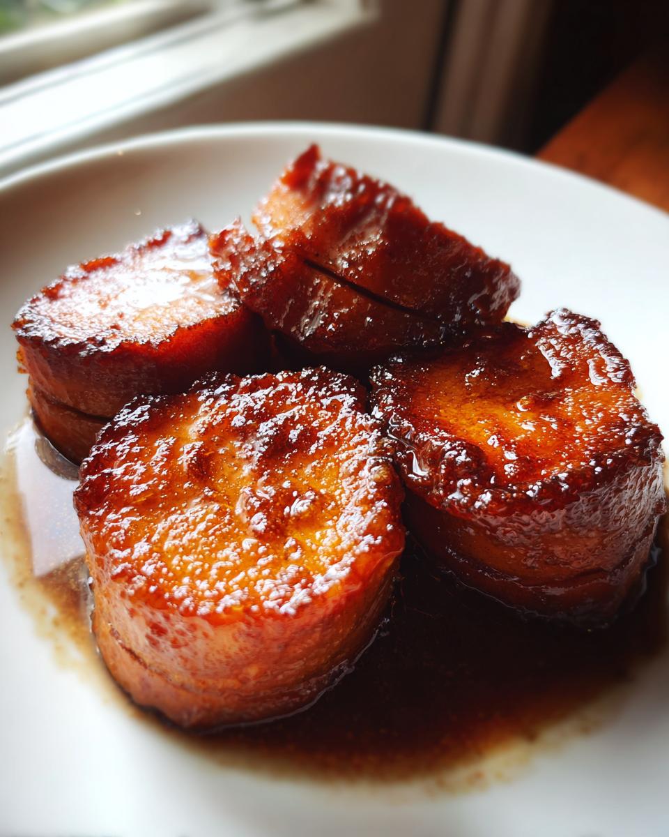 Four thick, round slices of candied sweet potatoes glistening with a dark, rich glaze on a white plate.