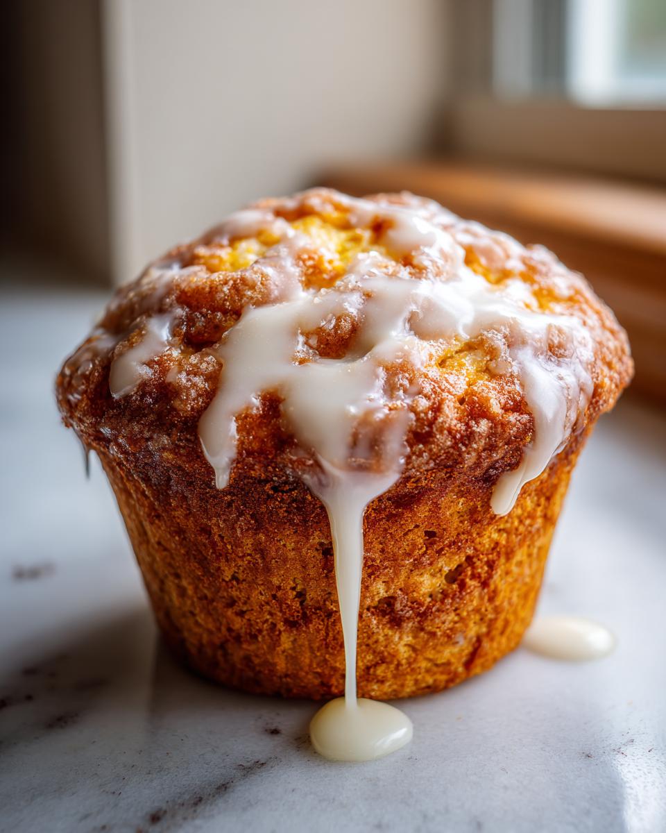 A single, golden-brown cinnamon roll muffin generously topped with thick white icing dripping down the side.