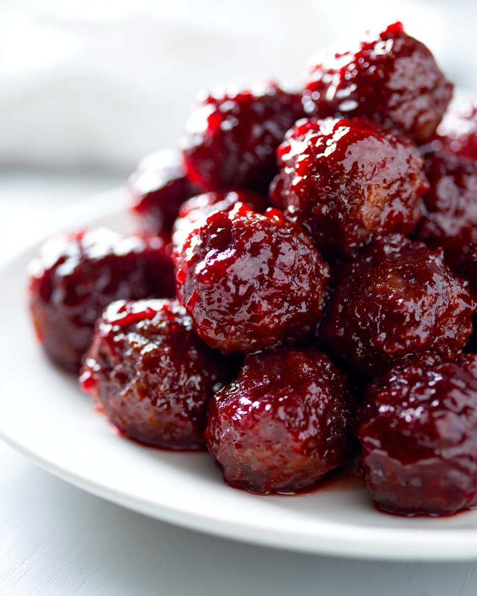Close-up of a pile of glossy, dark red cranberry meatballs served on a bright white plate.