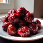 A mound of glossy, deep red cranberry meatballs piled high on a white plate, catching the light.