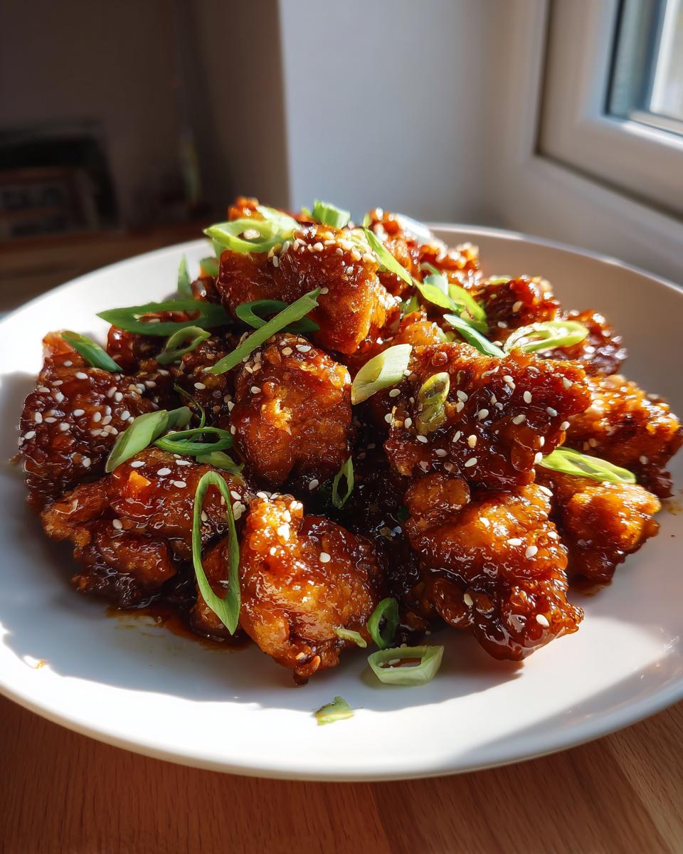 A plate of sticky, glazed honey garlic chicken pieces topped with sesame seeds and sliced green onions.