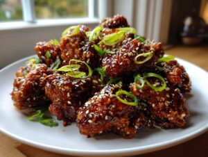 A close-up of crispy, saucy honey garlic chicken pieces topped with sesame seeds and green onions.