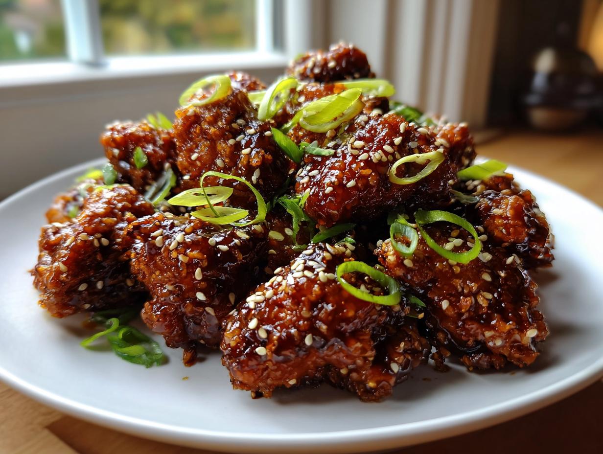 A close-up of crispy, saucy honey garlic chicken pieces topped with sesame seeds and green onions.