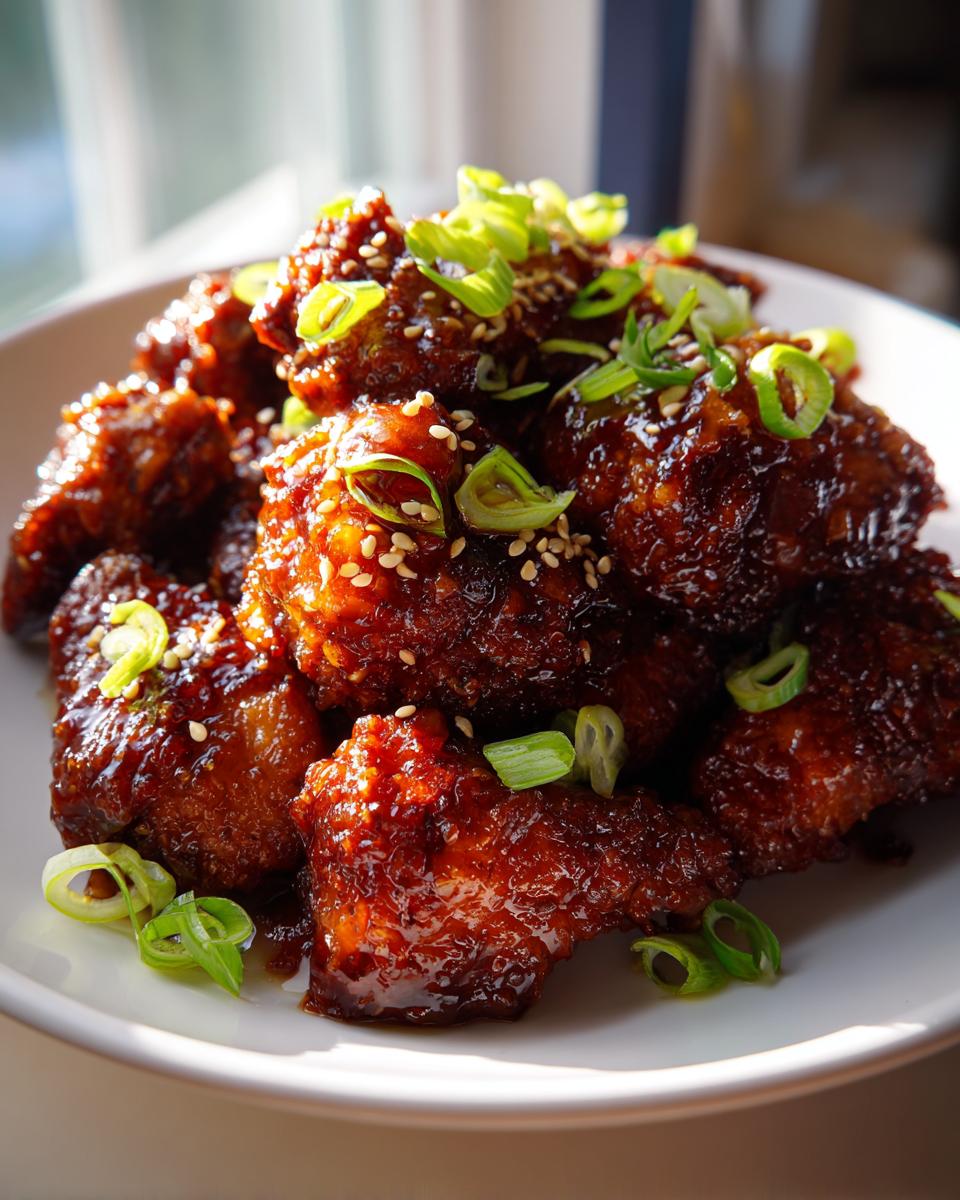 Close-up of crispy, glazed honey garlic chicken pieces topped with sesame seeds and sliced green onions.