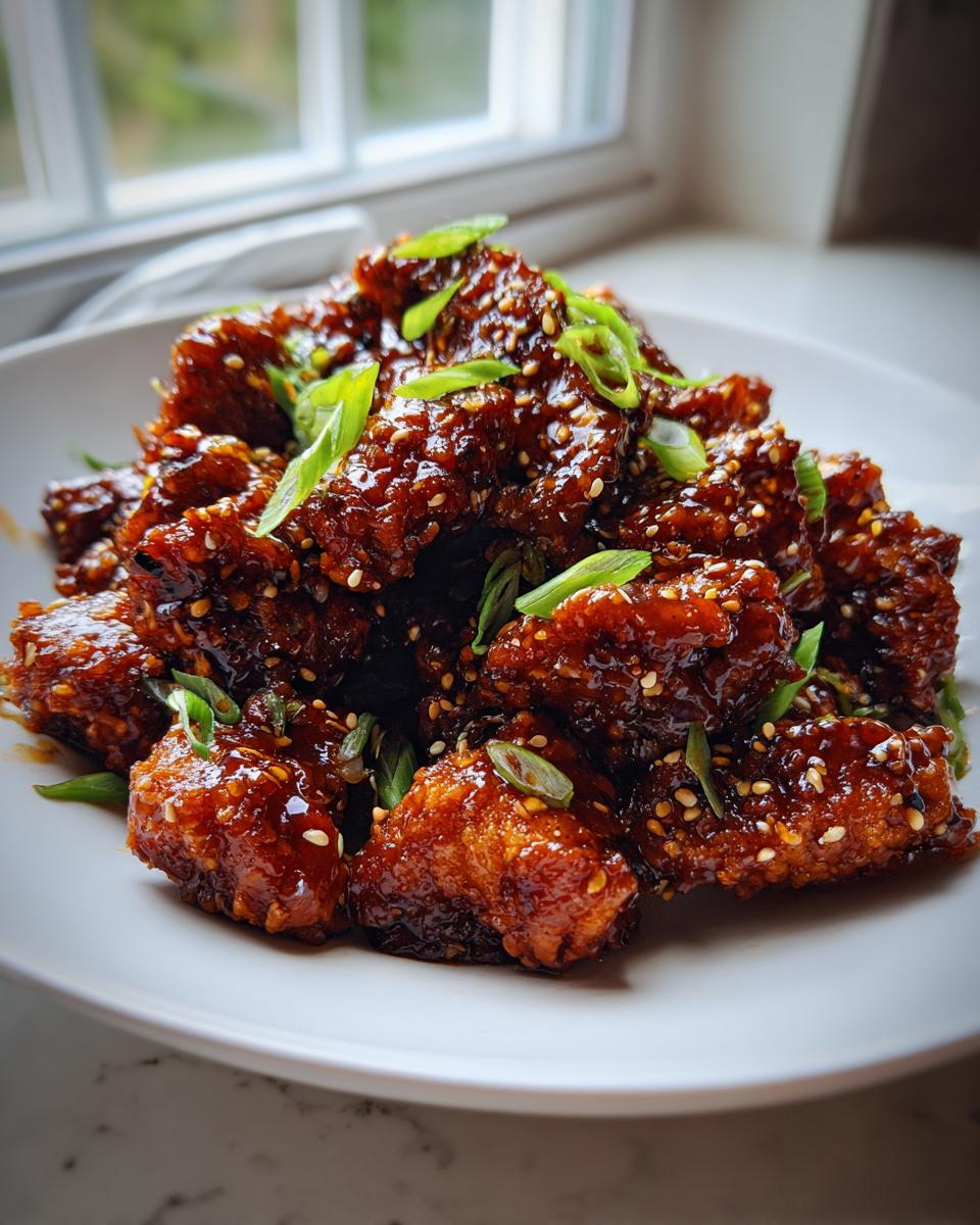 A plate piled high with crispy, glazed honey garlic chicken pieces, garnished with sesame seeds and sliced green onions.
