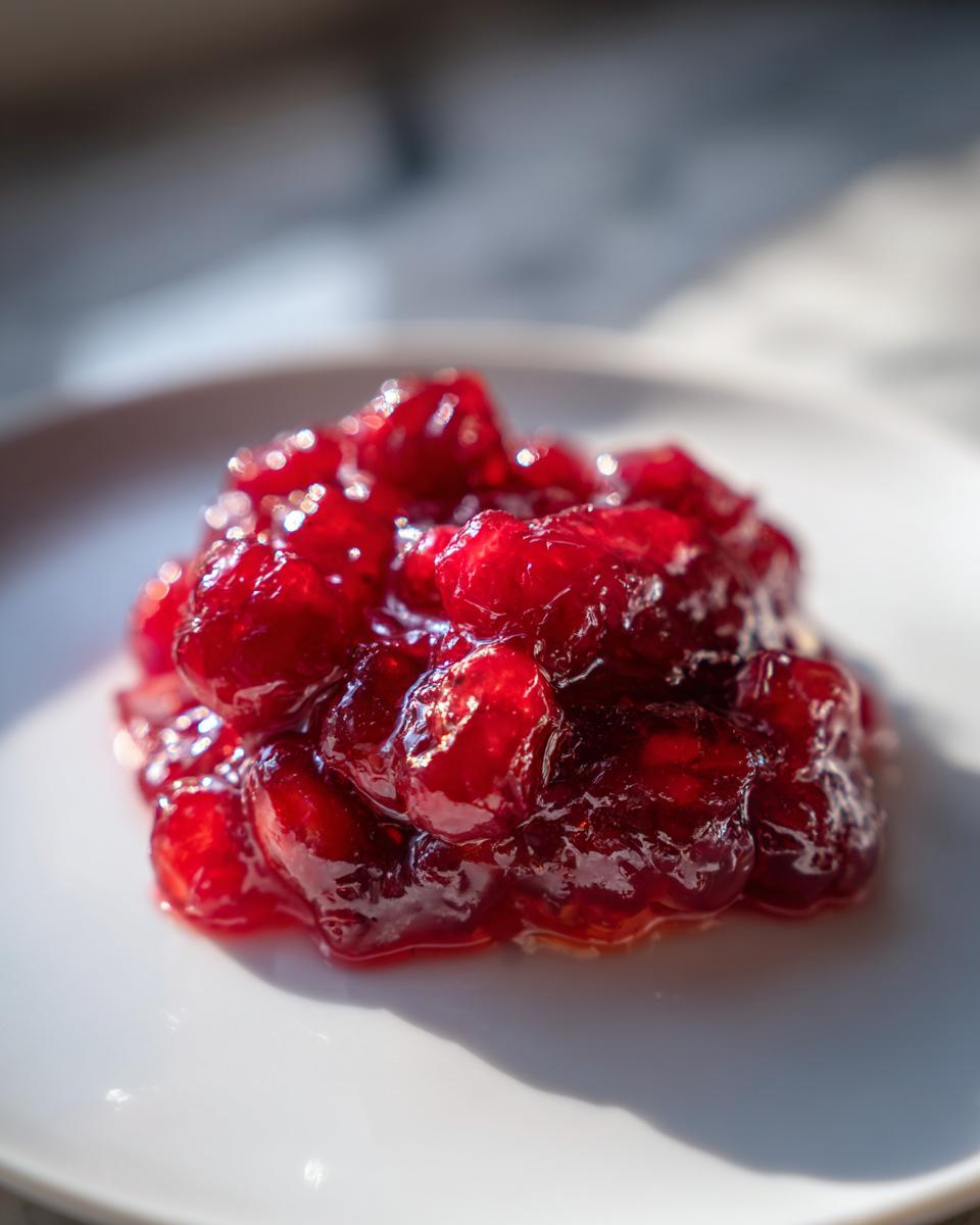 Close-up of a glistening mound of bright red, chunky christmas jam served on a white plate.