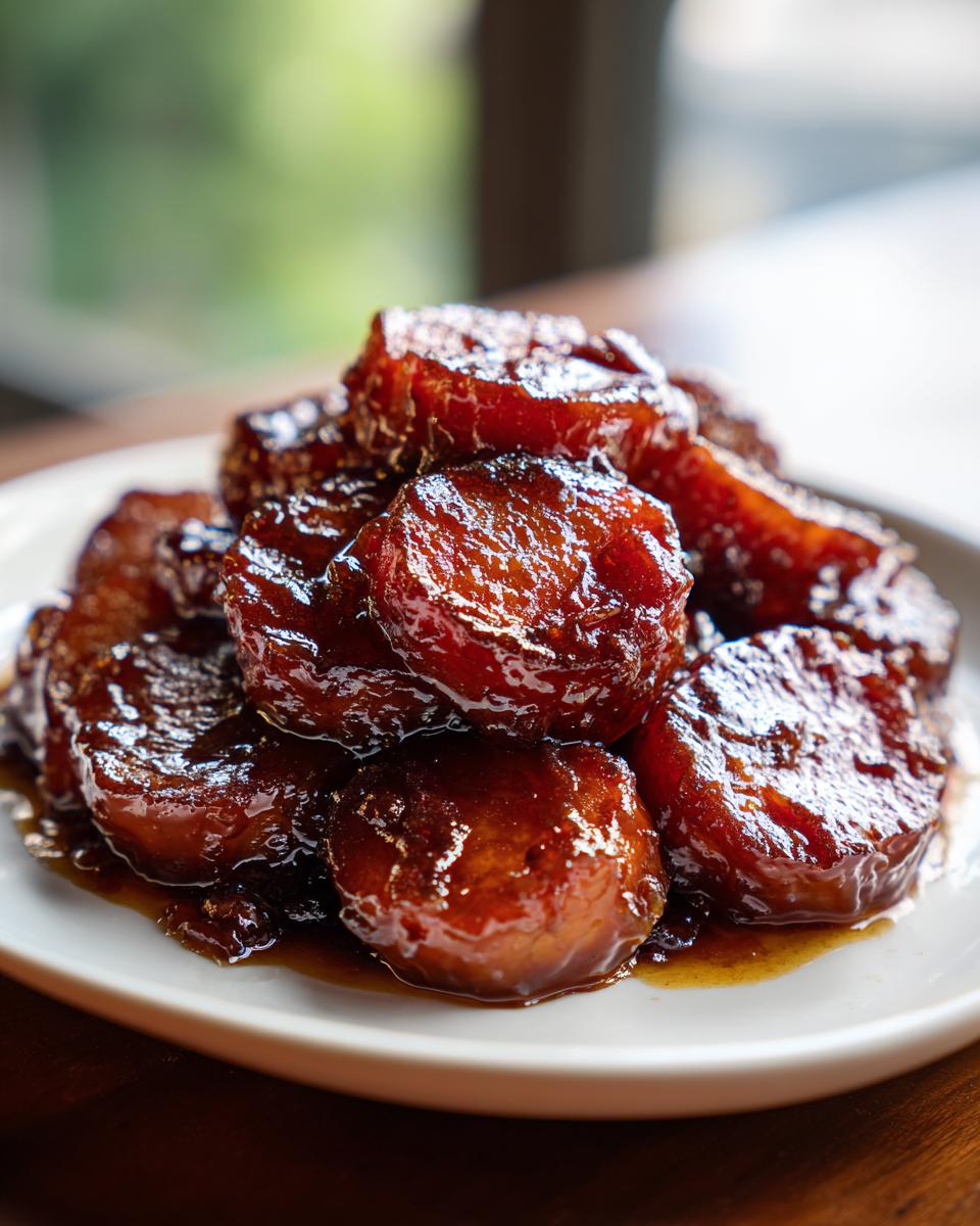 A close-up of a mound of glossy, caramelized candied sweet potatoes served on a white plate.