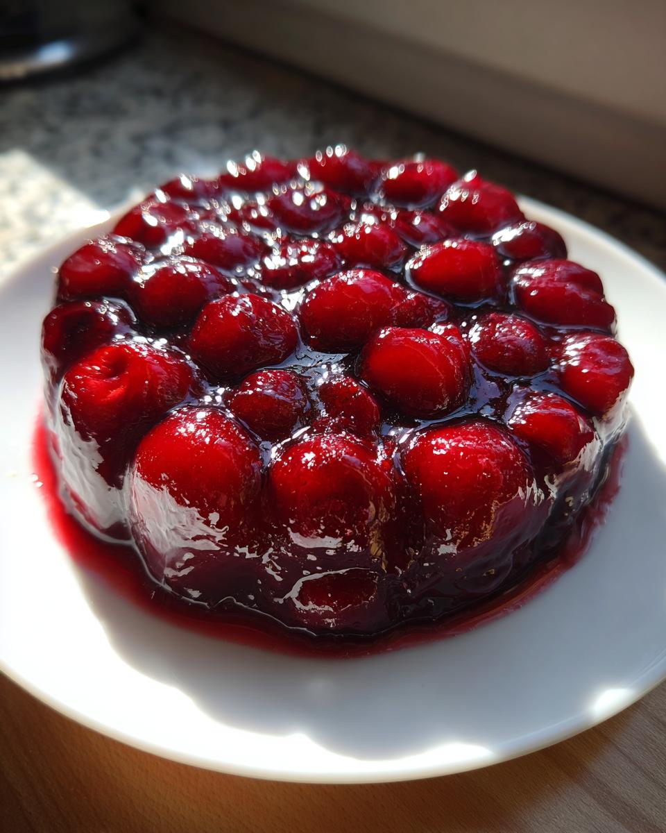 A mound of glossy, deep red cherry pie filling, set in a mold shape, glistening under sunlight.