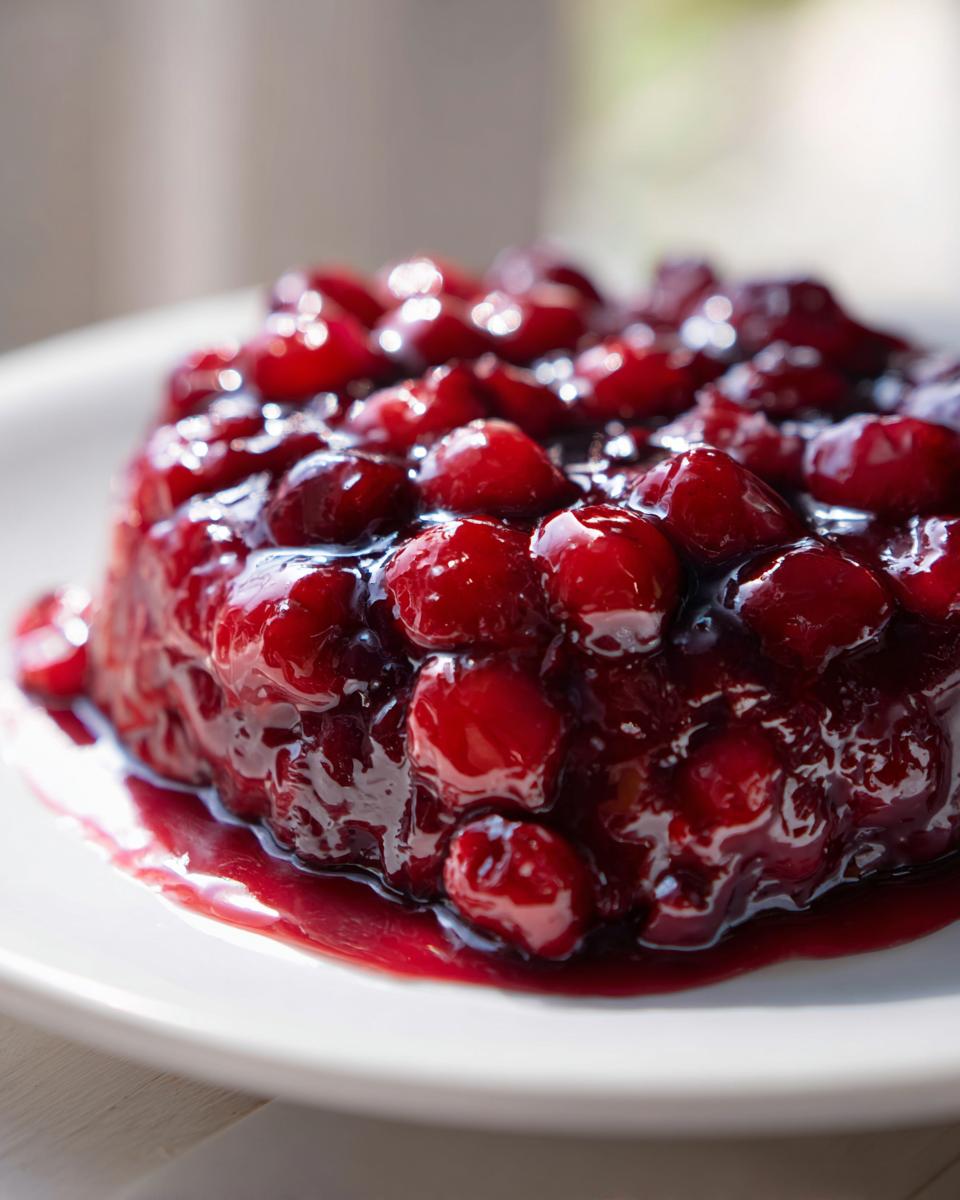 Close-up of glossy, vibrant red homemade cherry pie filling mounded on a white plate.