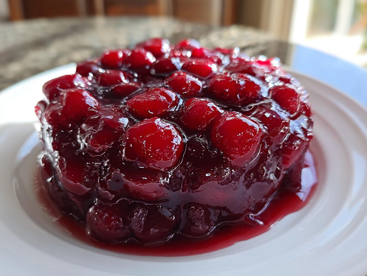 A close-up of glossy, thick cherry pie filling molded into a small mound on a white plate.