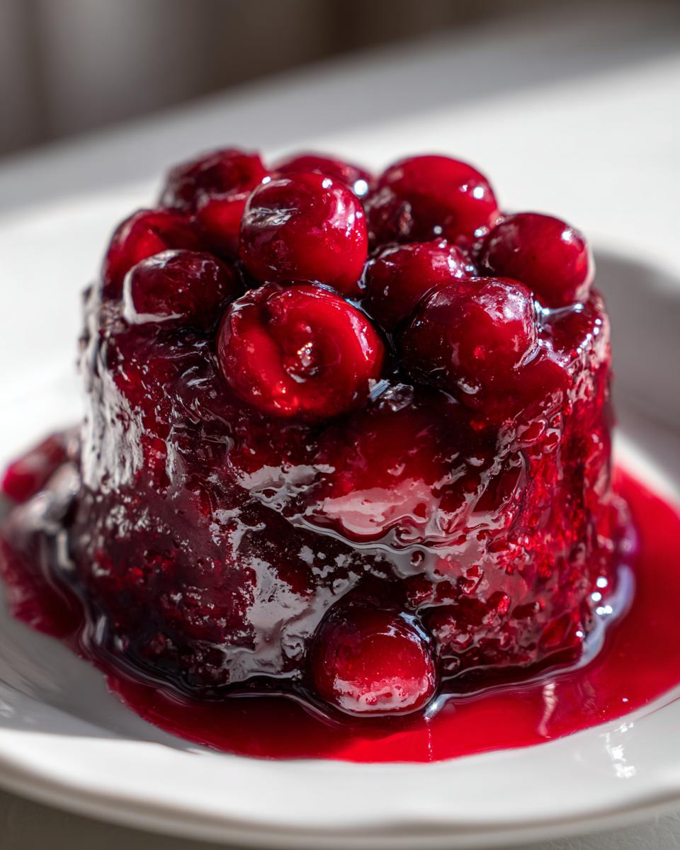 A small, molded serving of glossy, thick cherry pie filling topped with whole cherries.