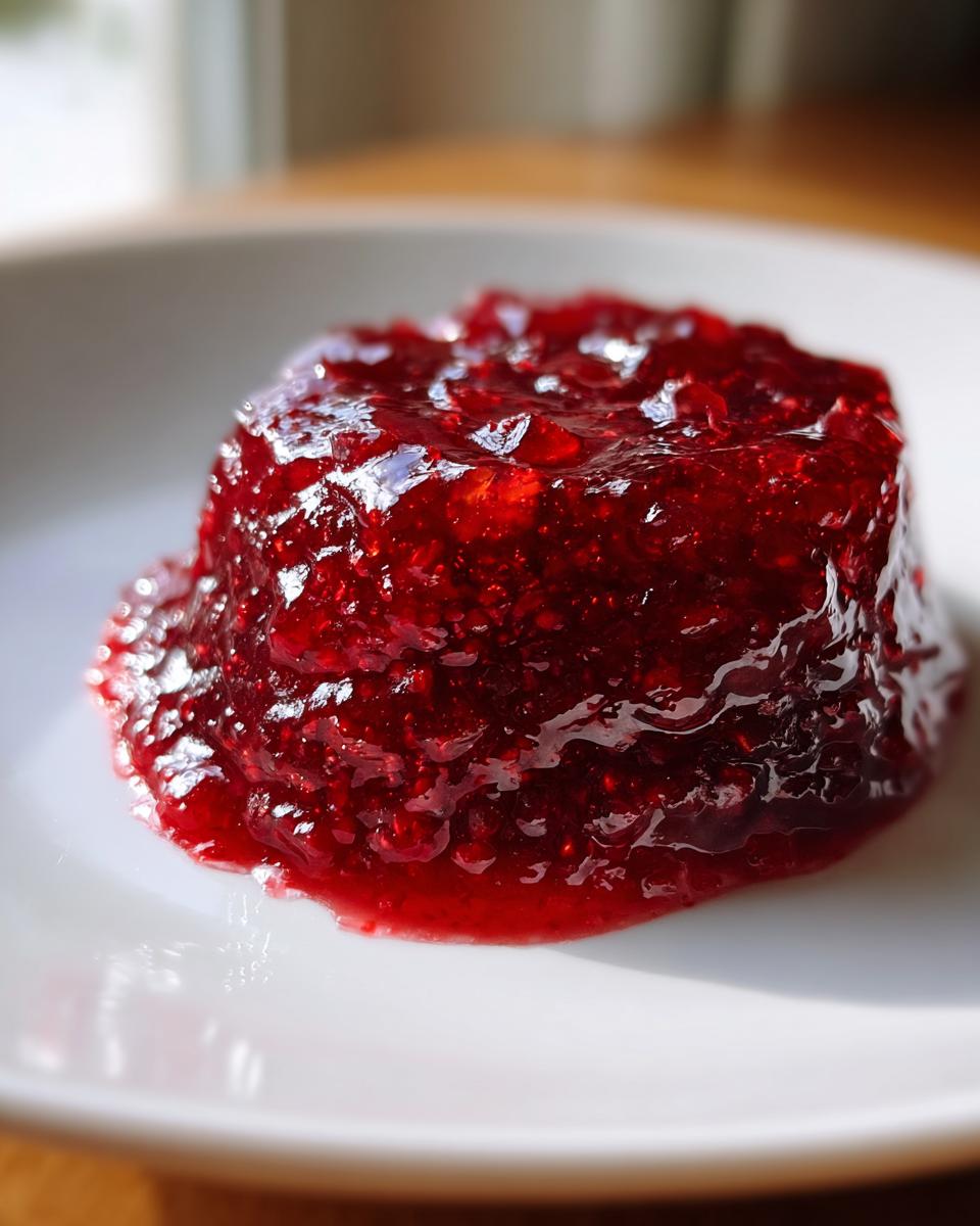 Close-up of a molded portion of vibrant, glossy red christmas jam with visible fruit pieces on a white plate.