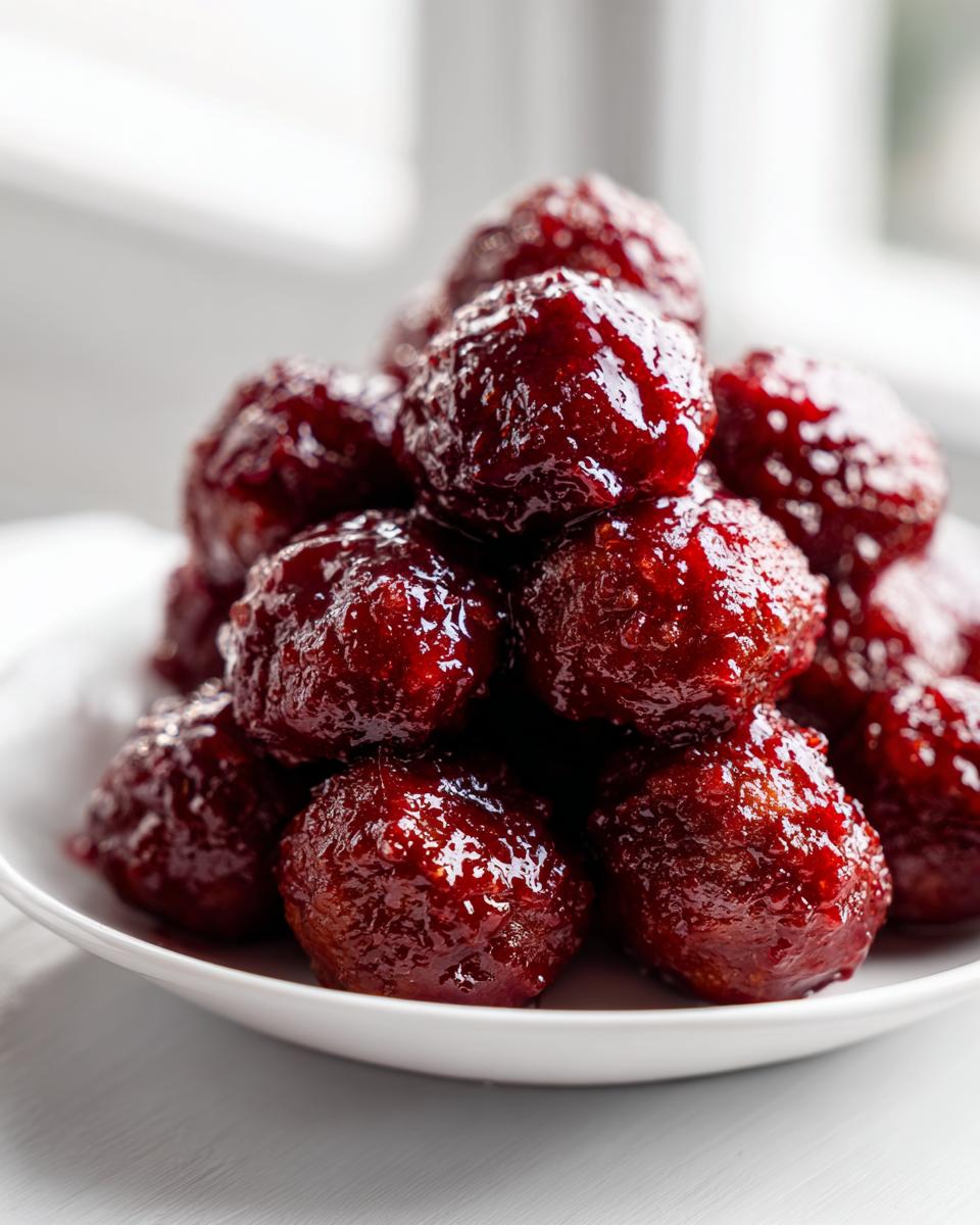 A close-up stack of glossy, deep red cranberry meatballs piled high on a small white serving dish.
