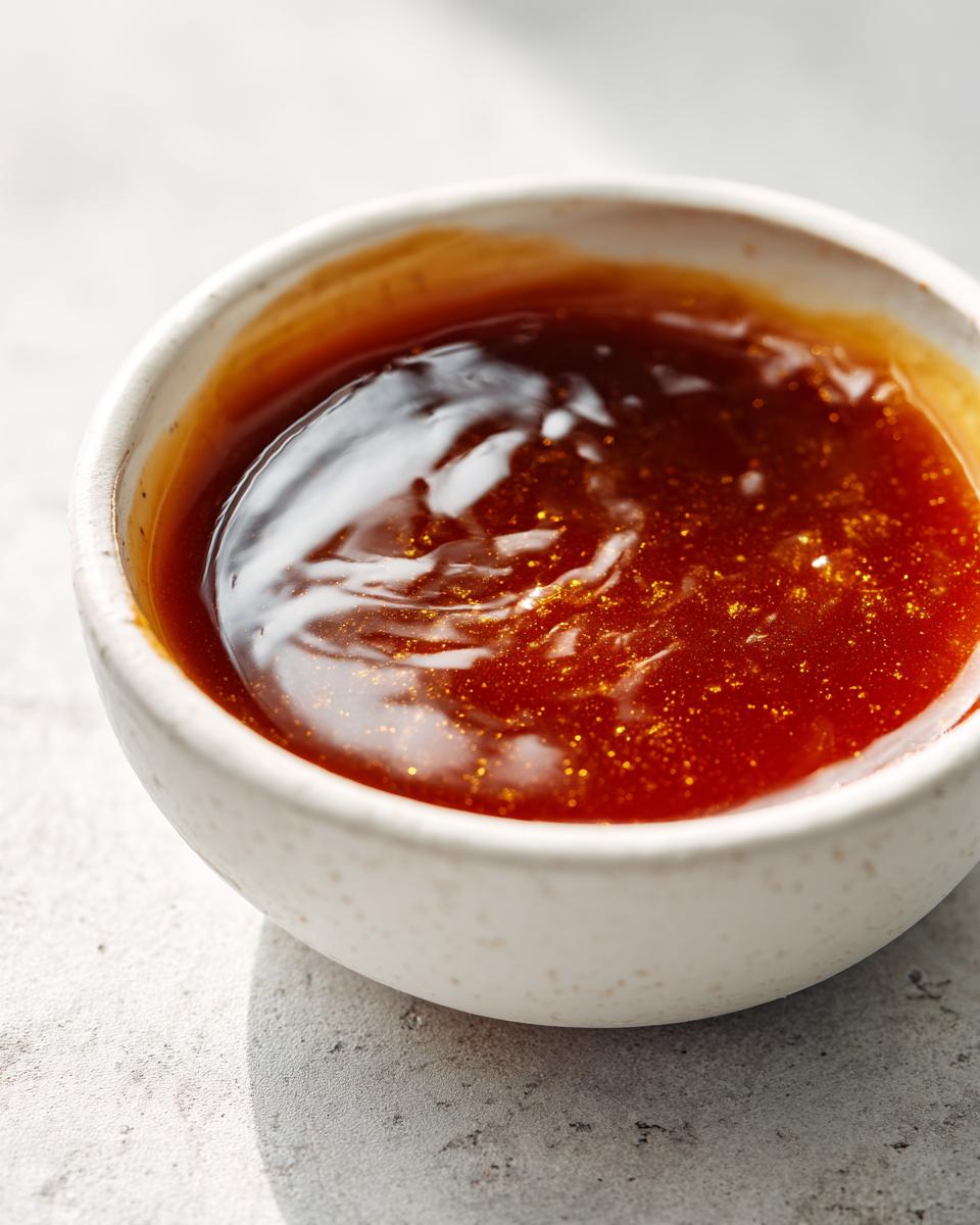 Close-up of thick, glossy homemade teriyaki sauce with visible golden flecks in a small white bowl.