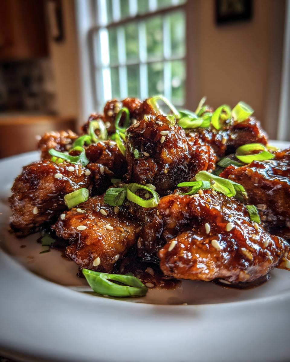 Close-up of sticky, glazed honey garlic chicken pieces garnished with sesame seeds and sliced green onions.