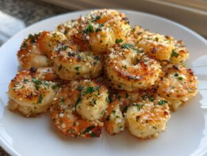 Close-up of perfectly cooked, golden brown air fryer shrimp seasoned with garlic and fresh parsley on a white plate.