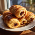 A stack of freshly baked, golden brown Rugelach pastries showing their flaky layers and dark filling.